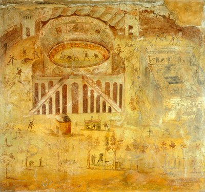 Fresco que representa una riña entre pompeyanos y nocerinos en el anfiteatro, de Pompeya , Campania, Civilización romana de Roman Roman