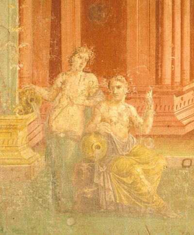 Fresco en cuarto estilo pompeyano sobre fondo rojo, Casa de Pinario Ceriale, Pompeya , Campania, Civilización romana de Roman Roman