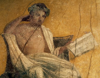 El dramaturgo griego Menandro, detalle del fresco, peristilo de la Casa de Menandro, Pompeya, Campania, Italia, civilización romana de Roman Roman