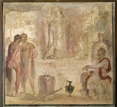 Italia, Campania, Pompeya, Casa de los Cupidos de Oro, Orestes y Pílades ante Ifigenia, fresco de Roman Roman