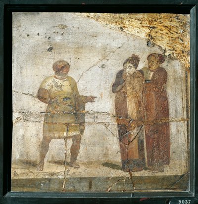 Italia, Campania, Pompeya, Escena teatral, fresco de Roman Roman