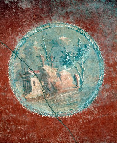 Medallón con paisaje sobre fondo amarillo, fresco de la Casa de Menandro, Pompeya , Campania, Civilización romana de Roman Roman