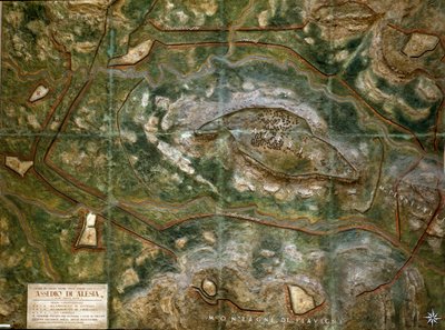 Modelo que reproduce el asedio y la batalla de Alesia en septiembre del 52 a.C. por Julio César que vio la derrota de Vercingétorix. Escala 1/1000. Roma, Museo de la Civilización Romana de Roman Roman