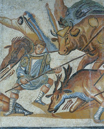 Mosaico que muestra una escena de caza de bestias salvajes, (detalle) de Roman Roman