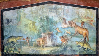 Pintura sobre yeso que representa una escena nilótica con pigmeos atacando a cocodrilos e hipopótamos, 75x127 cm, procedente de Pompeya (Lista del Patrimonio Mundial de la UNESCO de Roman Roman