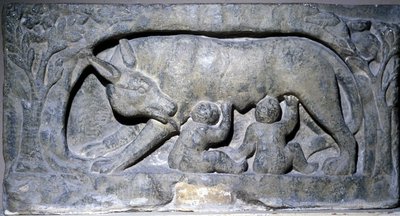 Relieve en piedra caliza de Lupercal (nombre de una cueva en Roma): lobo con Rómulo y Remo, Museo de Avenches. de Roman Roman