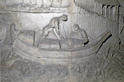 Arte romano: barco cargando provisiones en el Danubio durante la Primera Guerra en Dacia. Molde de 1862 reproduciendo los bajorrelieves de la columna de Trajano en Roma construida durante el reinado del emperador Trajano (53-117) de Roman Roman