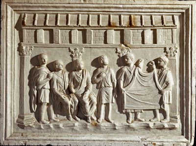 Arte romano: molde de bajorrelieve que representa una tela y tapices. De un original del siglo II d.C. Roma, Museo della Civilta Romana de Roman Roman
