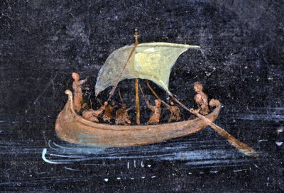 Arte romano: escena fluvial - barca y marineros en un río (río) - fragmento de un fresco de Pompeya conservado en el Museo Arqueológico de Nápoles, Italia - Museo Archeologico Nazionale, Napoli, Italia - Foto Patrice Cartier - de Roman Roman