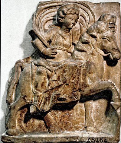 Arte romano: la diosa Epona, deidad de origen galo, patrona de jinetes y viajeros. Estela de piedra caliza encontrada en Gannat (Allier), Auvernia. Saint Germain en Laye. Museo de Antigüedades Nacionales de Roman Roman