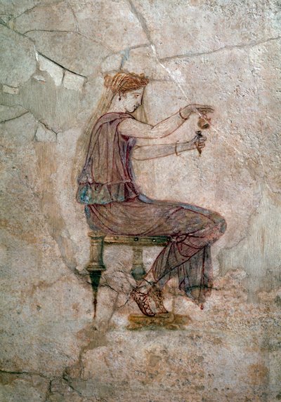 Arte romano: mujer sentada vertiendo perfume en un jarrón. Pintura mural, 25 d.C. De la Villa della Farnesina. Roma, Palazzo Massimo alle Terme, Museo Nazionale Romano de Roman Roman