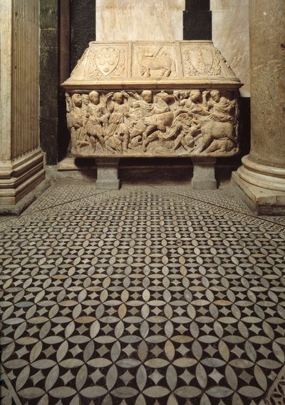 Sarcófago romano con relieves de una escena de caza de jabalíes, tapa decorada con los brazos de la familia Medici de Roman Roman