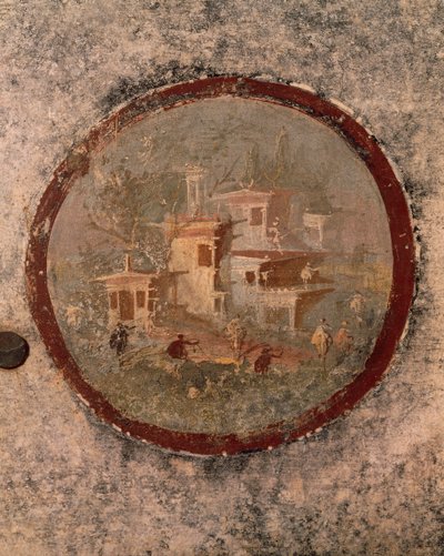 Ronda con casas y edificios, detalle del fresco de la Casa del Centenario, Pompeya , Campania, Civilización Romana de Roman Roman