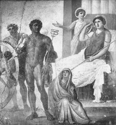Escena del suplicio de Ixión, detalle de la Casa dei Vettii (Casa de los Vettii) c.63-79 d.C. (fresco) (foto b/n) de Roman Roman