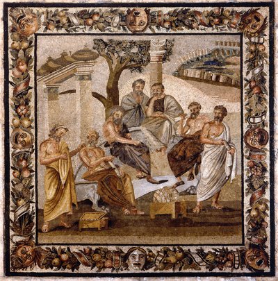 La Academia de Platón: el filósofo sentado en el centro enseña a un grupo de discípulos de la Academia de Atenas (fundada por él mismo en 378 a.C.) - Mosaico encontrado en Boscotrecase, ahora exhibido en el Museo Nacional, Nápoles de Roman Roman