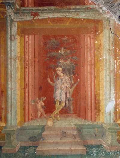 Escena teatral, fresco (estilo IV) sobre fondo rojo de la Casa de Pinarius Cerialis, Pompeya (Lista del Patrimonio Mundial de la Unesco de Roman Roman