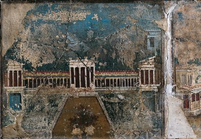 Fresco del tercer estilo que representa un paisaje arquitectónico, detalle de un edificio delimitado por un porche con columnatas, De Pompeya de Roman Roman