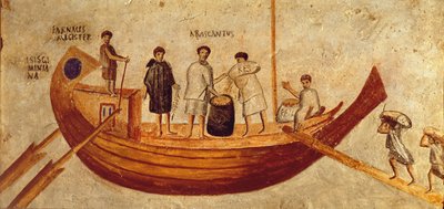 Descarga de grano del barco, Isis Giminiana, de Ostia, siglo II-III (fresco) de Roman Roman