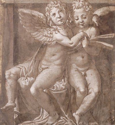 Dos ángeles sentados cantando, después de Polidoro da Caravaggio de Roman School