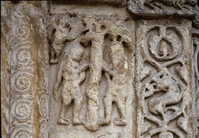 Adán y Eva. Detalle de la fachada de la Basílica, principios del siglo XII de Romanesque