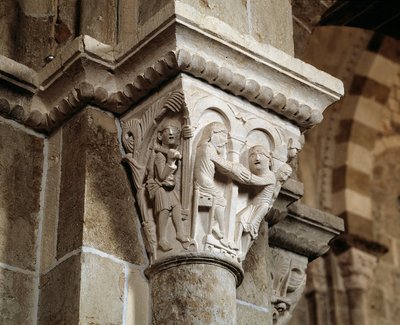 Esaú regresa de cazar y se encuentra frente a su padre Isaac que está bendiciendo a Jacob (capitel tallado) de Romanesque