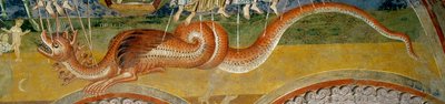 Representación del Apocalipsis. Detalle que representa al monstruo de siete cabezas, atravesado por las flechas de los ángeles de Romanesque
