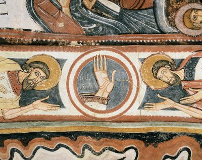 Arte románico: La mano derecha de Dios y los patriarcas Elías y Henoc (o Enoc). (detalle). Fresco de la escuela de León (España). 1132. Santuario de la Virgen del Camino de Romanesque