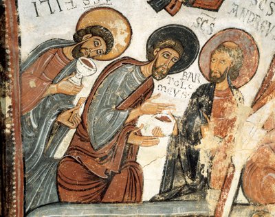 Arte románico: los apóstoles Felipe, Bartolomé y Andrés. Fresco del Voto de la Cena, Iglesia de San Isidoro siglo XII Real Colegiata de San Isidoro, León de Romanesque