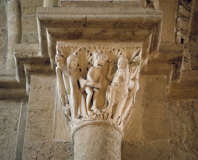 El diablo muestra una mujer a San Benito para tentarlo, capitel del nártex de Romanesque