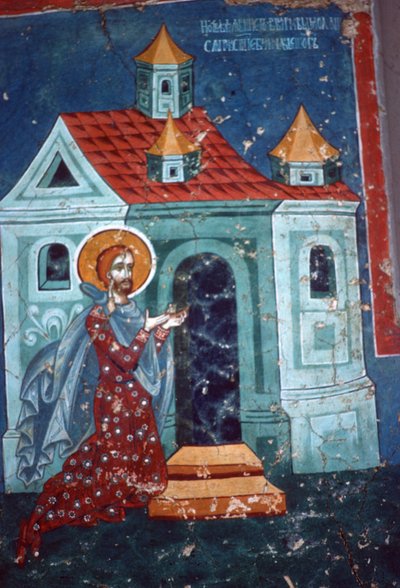 San Nicetas rezando frente a una iglesia de Romanian School