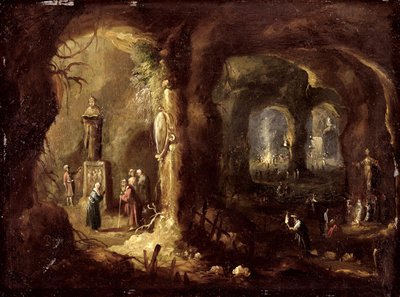 Gruta con estatuas y numerosas figuras adorando ídolos (San Simeón Estilita), c.1640 (óleo sobre cobre) de Rombout van Troyen