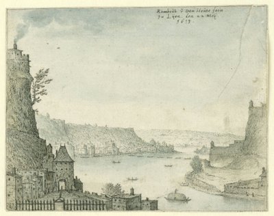 Vista de una ciudad en un río de Rombout van den Houte