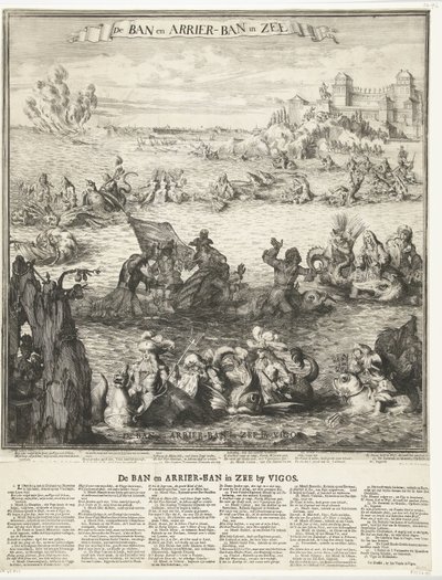 Caricatura de la toma de la flota de plata en Vigo, 1702 The Ban and Arrier-Ban in the Sea (título sobre el objeto) The Ban y Arrier-Ban in the Sea at Vigos (título sobre objeto) de Romeyn de Hooghe (possibly)