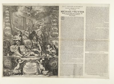 Alegoría de la muerte de Michiel de Ruyter, 1676 La vida y los negocios de Ed: Manhaften Heer, Den Heer Michaël de Ruyter Caballero de la Orden de San Miguel, &c. teniente Almirante General van Hollandt y West-Vrieslandt (título sobre el objeto) de Romeyn de Hooghe