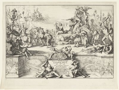 Alegoría de las victorias de Leopoldo I Divo et invictissimo Leopoldo I (título sobre objeto) Entrada de Leopoldo I en Bruselas después de derrotar a los turcos, 1686 (título de la serie) de Romeyn de Hooghe