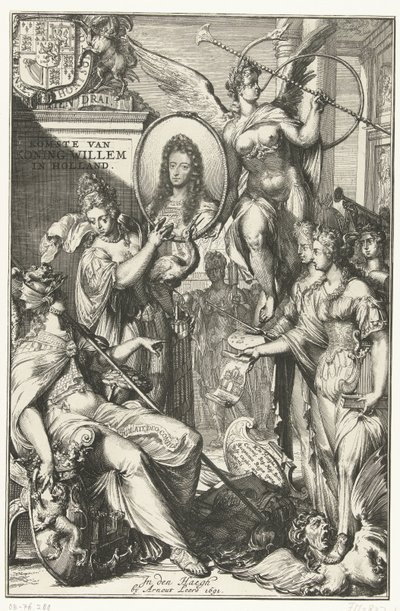 Frontispicio alegórico con retrato de Guillermo III Llegada del rey Guillermo a Holanda (título sobre objeto) de Romeyn de Hooghe