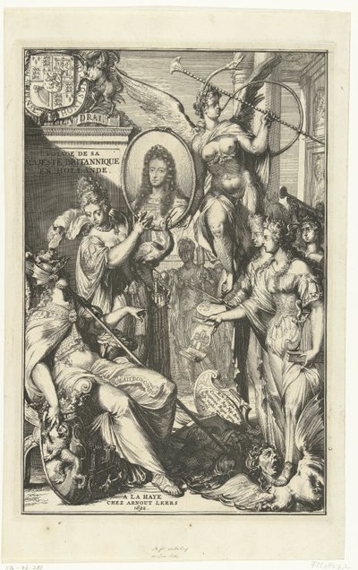Frontispicio alegórico con retrato de Guillermo III Voyage de sa Majeste Britannique en Hollande (título sobre el objeto) de Romeyn de Hooghe