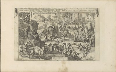 Bedelaars en Oost- en West-Indië Bedel en Slacht-Papen Afgoden der Mexicanen / Mendian Priests and Sacrifians to the Divinitea of ​​the Mexicans (título sobre objeto) Las Indias Orientales y Occidentales y otros lugares (título de la serie) de Romeyn de Hooghe