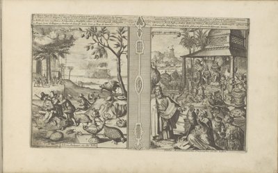 Bomen, dieren en noten; Verering van godsbeelden Mangas Nooten / Árboles, Animales, etc. de la India // Tyden, Afgoden / Ídolos, matemáticos, filósofos, etc. de la India (título sobre el objeto) Las Indias Orientales y Occidentales y otros lugares (título  de Romeyn de Hooghe