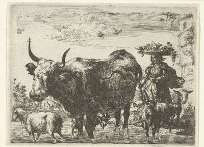 Pastora con cesta en la cabeza, una vaca, dos cabras y dos ovejas en el agua de Romeyn de Hooghe