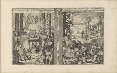 corte del emperador tártaro; Tapoeiers brasileños preparan su comida Tartarische Keyzer / Empereur des Tartares et sa magnificence // Brasiliaensche Clothing / Brasiliens, Tapuyers, etc. (título sobre el objeto) Les Indes Orientales et Occidentales et autr de Romeyn de Hooghe