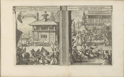 Koophandel japonés; Hof van de koning van de Calaminhans Japanse koophandel / Comercio de Japón // Calaminhans Eer Pracht / Magnificencia del rey Calaminhan, en las Indias Orientales (título sobre objeto) Las Indias Orientales y Occidentales y otros lugare de Romeyn de Hooghe
