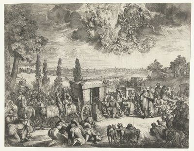 Carlos II de España arrodillado junto a un carruaje de Romeyn de Hooghe