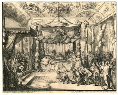 La reina María II Estuardo en su lecho de muerte, 1695 La muerte y el entierro de María II Estuardo, reina de Inglaterra, 1695 (título de la serie) de Romeyn de Hooghe