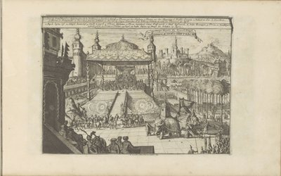 Koninklijkhof en Mongolia Mongols Hof en Hofpracht / Court and Royal Pump of the Great Mogul (título sobre el objeto) Las Indias Orientales y Occidentales y otros lugares (título de la serie) de Romeyn de Hooghe