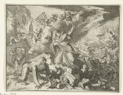 Hombre con capa es atacado por jinetes de Romeyn de Hooghe
