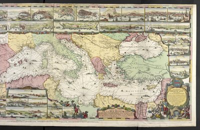 Mapa del Mediterráneo con figuras alegóricas y monstruos marinos que adornan las inserciones, de 