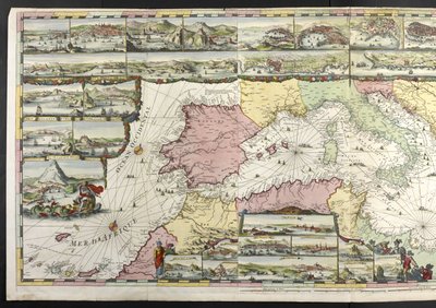 Mapa del Mediterráneo con figuras alegóricas y monstruos marinos adornando los insertos, de "De Fransche Neptunus y Atlas Maritime y Suite du Neptune François", de Charles Pene y Pieter Mortier de Romeyn de Hooghe