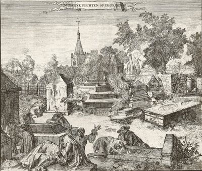 Luto en el cementerio portugués-judío de Beth Haim de Ouderkerk en el Amstel en los Países Bajos - Grabado de Romeyn de Hooghe de Romeyn de Hooghe