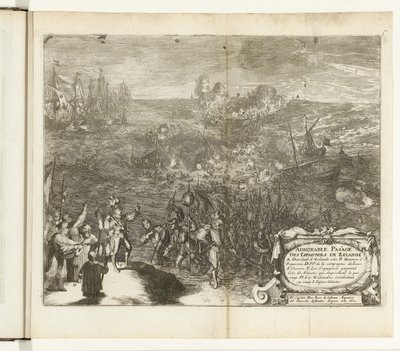 Viaje nocturno de los soldados españoles a Duiveland, 1575 Admirable Pas[s]age des Espagnols en Zelande (título sobre objeto) Guerres de Flandres (título de la serie) de Romeyn de Hooghe